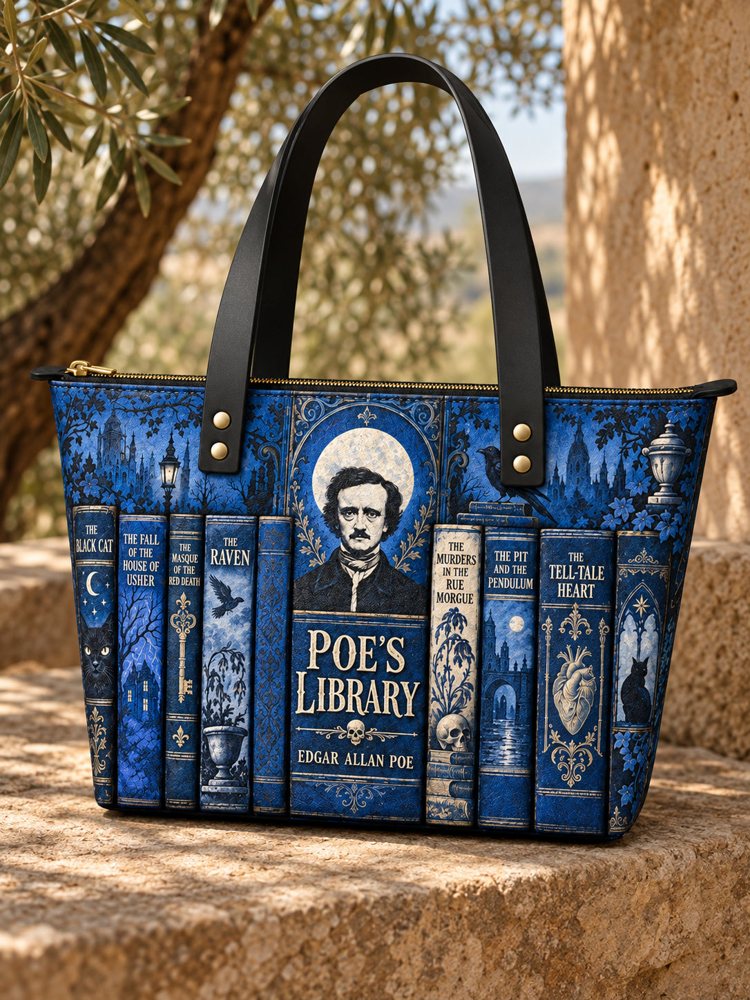 "Poe's Library" Midnight Ink Leather Tote Bag