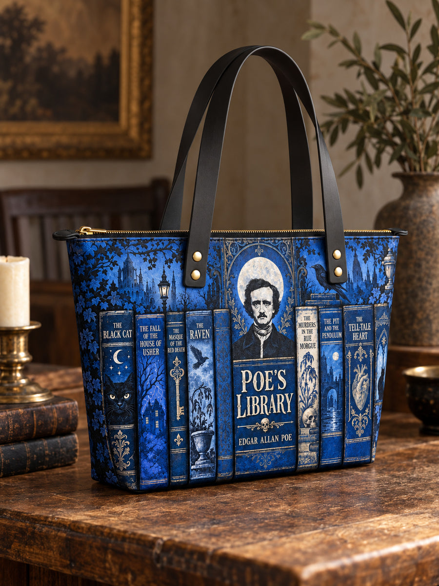 "Poe's Library" Midnight Ink Leather Tote Bag