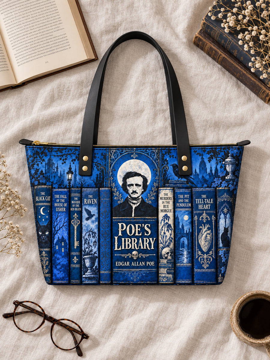 "Poe's Library" Midnight Ink Leather Tote Bag