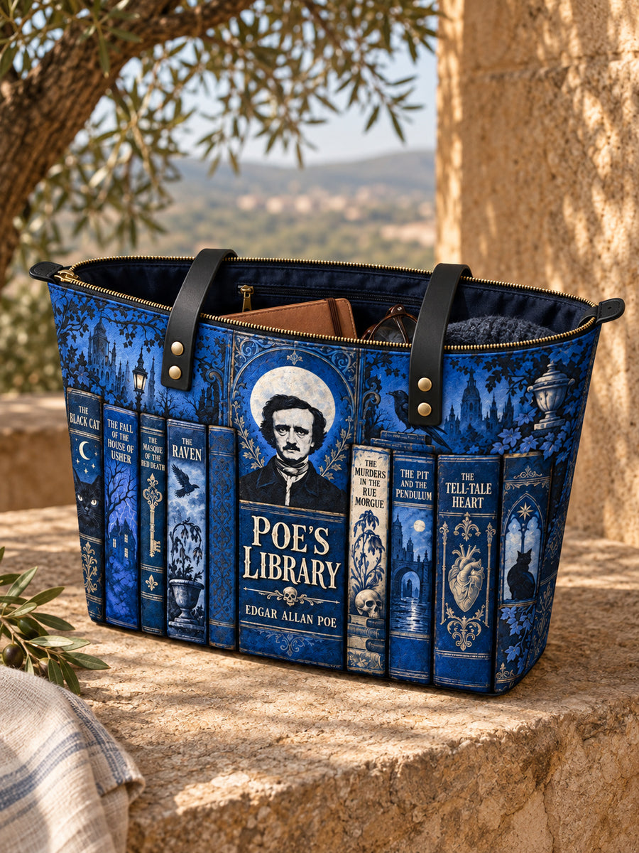 "Poe's Library" Midnight Ink Leather Tote Bag