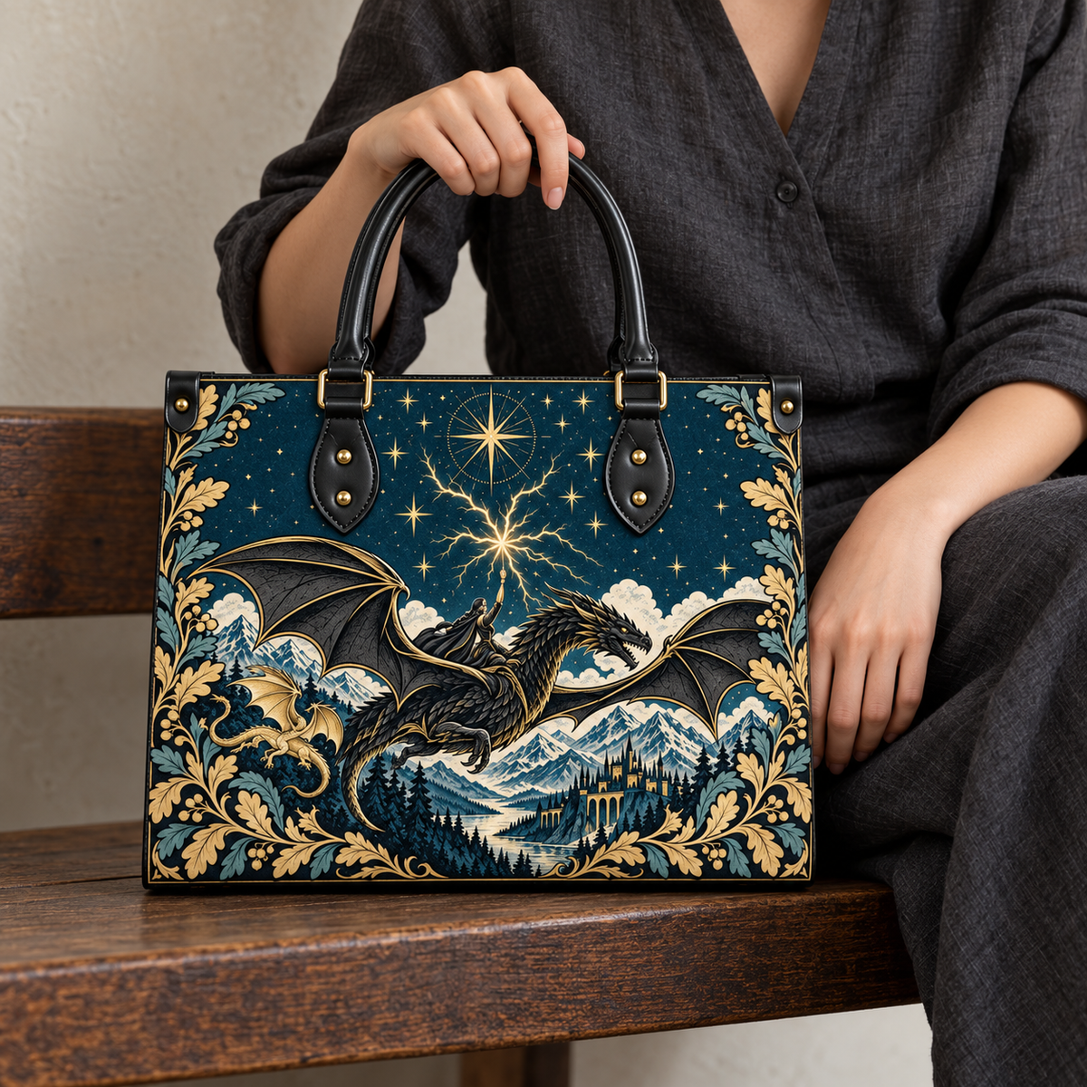 "Stormwing" Black Dragon Leather Handbag