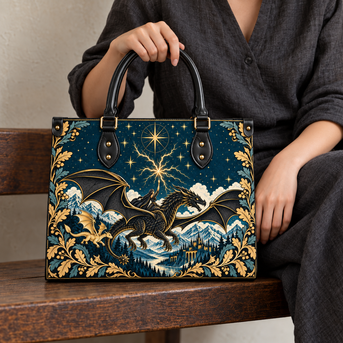 "Stormwing" Black Dragon Leather Handbag
