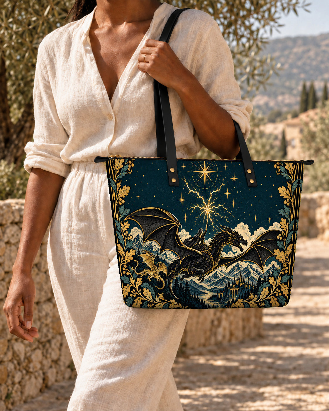"Stormwing" Black Dragon Leather Tote Bag