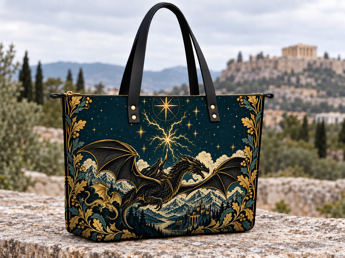 "Stormwing" Black Dragon Leather Tote Bag