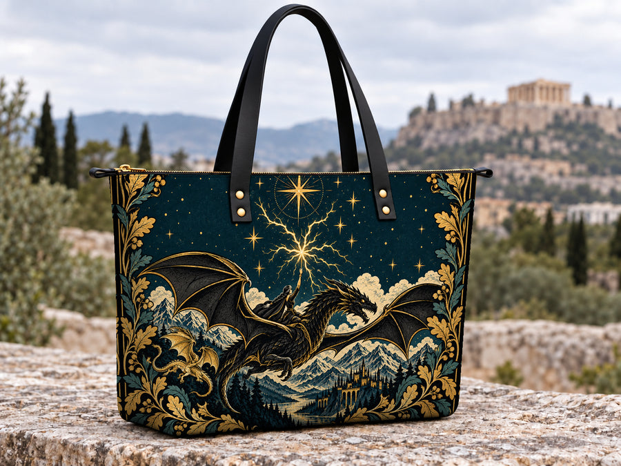 "Stormwing" Black Dragon Leather Tote Bag