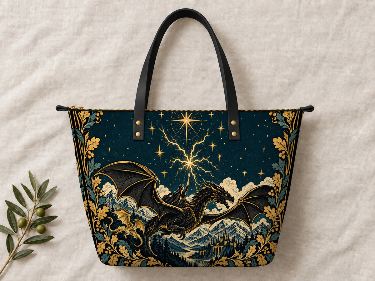 "Stormwing" Black Dragon Leather Tote Bag