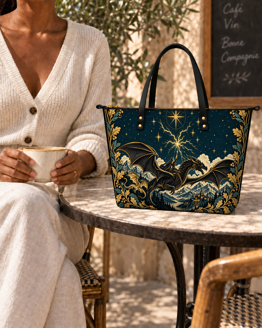 "Stormwing" Black Dragon Leather Tote Bag
