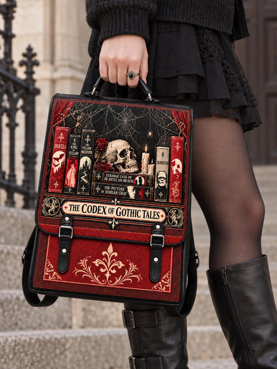 "The Codex of Gothic Tales" Black Widow’s Kiss Leather Backpack