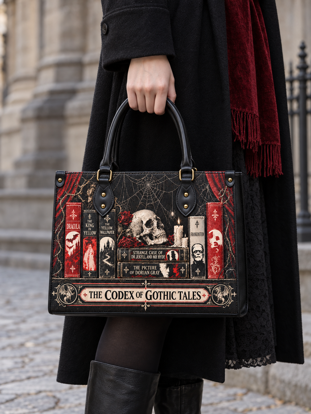 "The Codex of Gothic Tales" Black Widow’s Kiss Leather Handbag