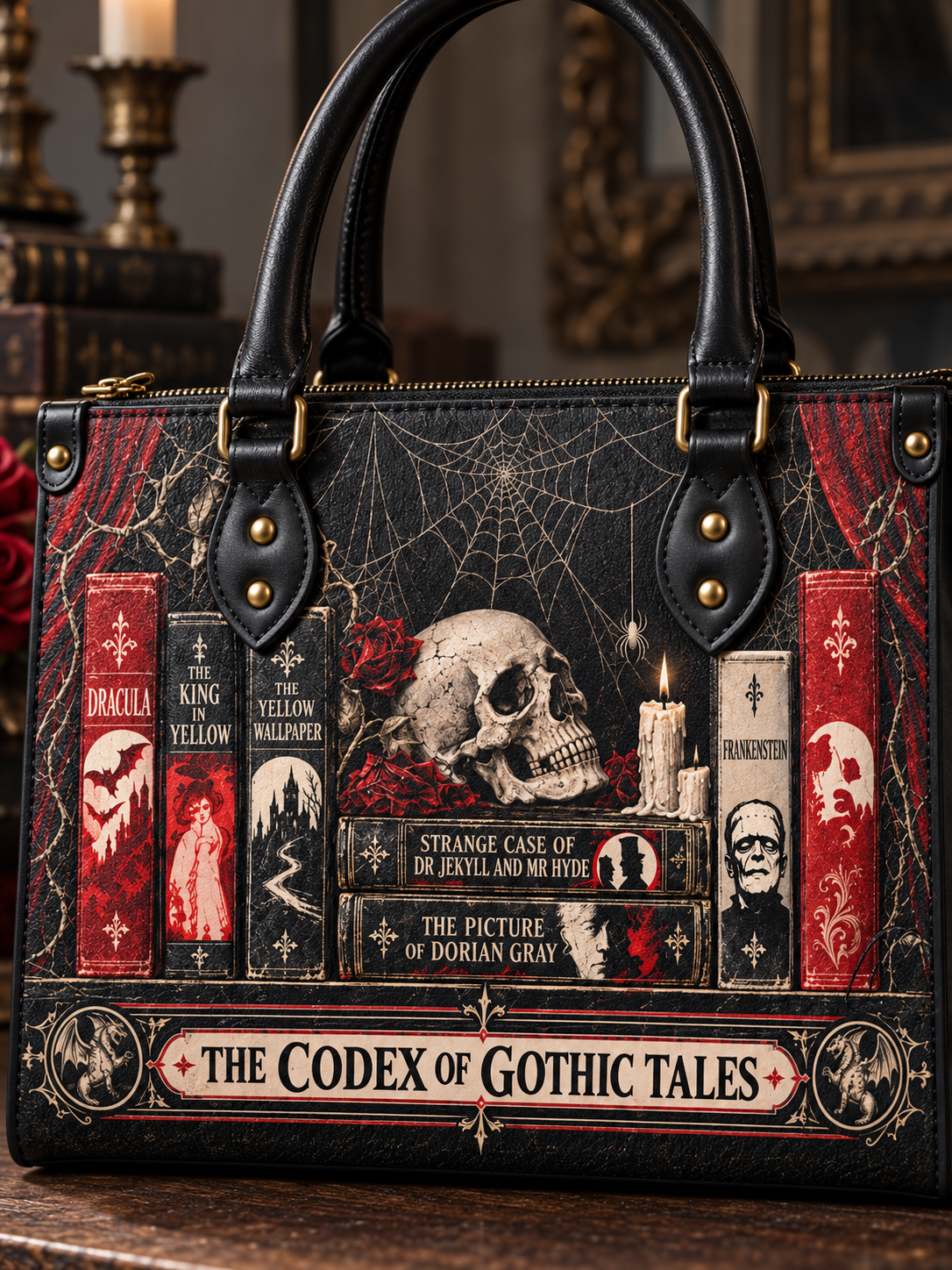 "The Codex of Gothic Tales" Black Widow’s Kiss Leather Handbag