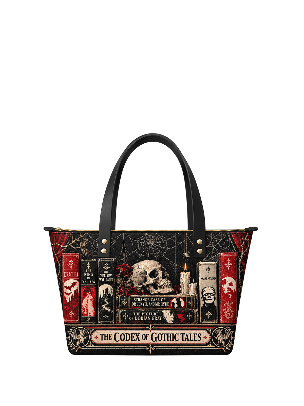 "The Codex of Gothic Tales" Black Widow’s Kiss Leather Tote Bag