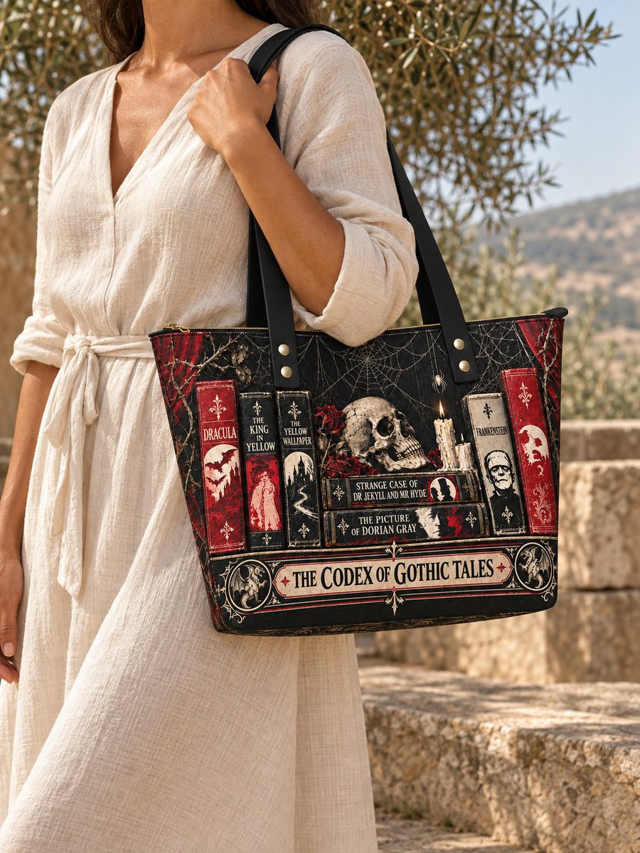 "The Codex of Gothic Tales" Black Widow’s Kiss Leather Tote Bag