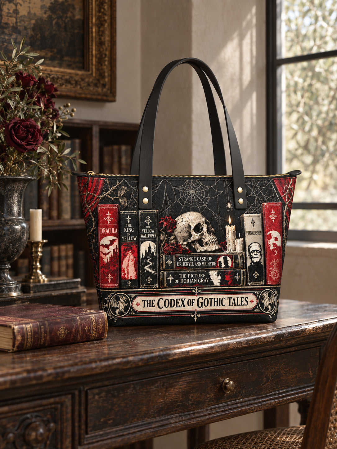 "The Codex of Gothic Tales" Black Widow’s Kiss Leather Tote Bag