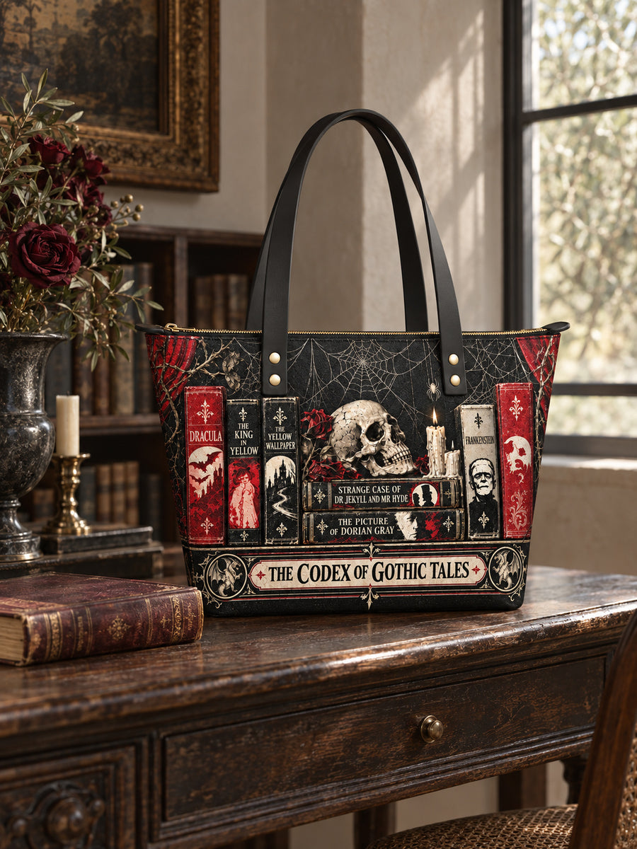 "The Codex of Gothic Tales" Black Widow’s Kiss Leather Tote Bag