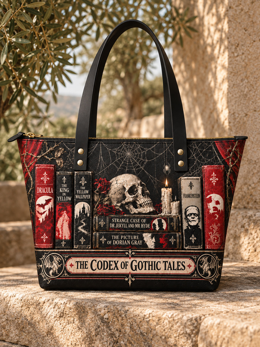 "The Codex of Gothic Tales" Black Widow’s Kiss Leather Tote Bag