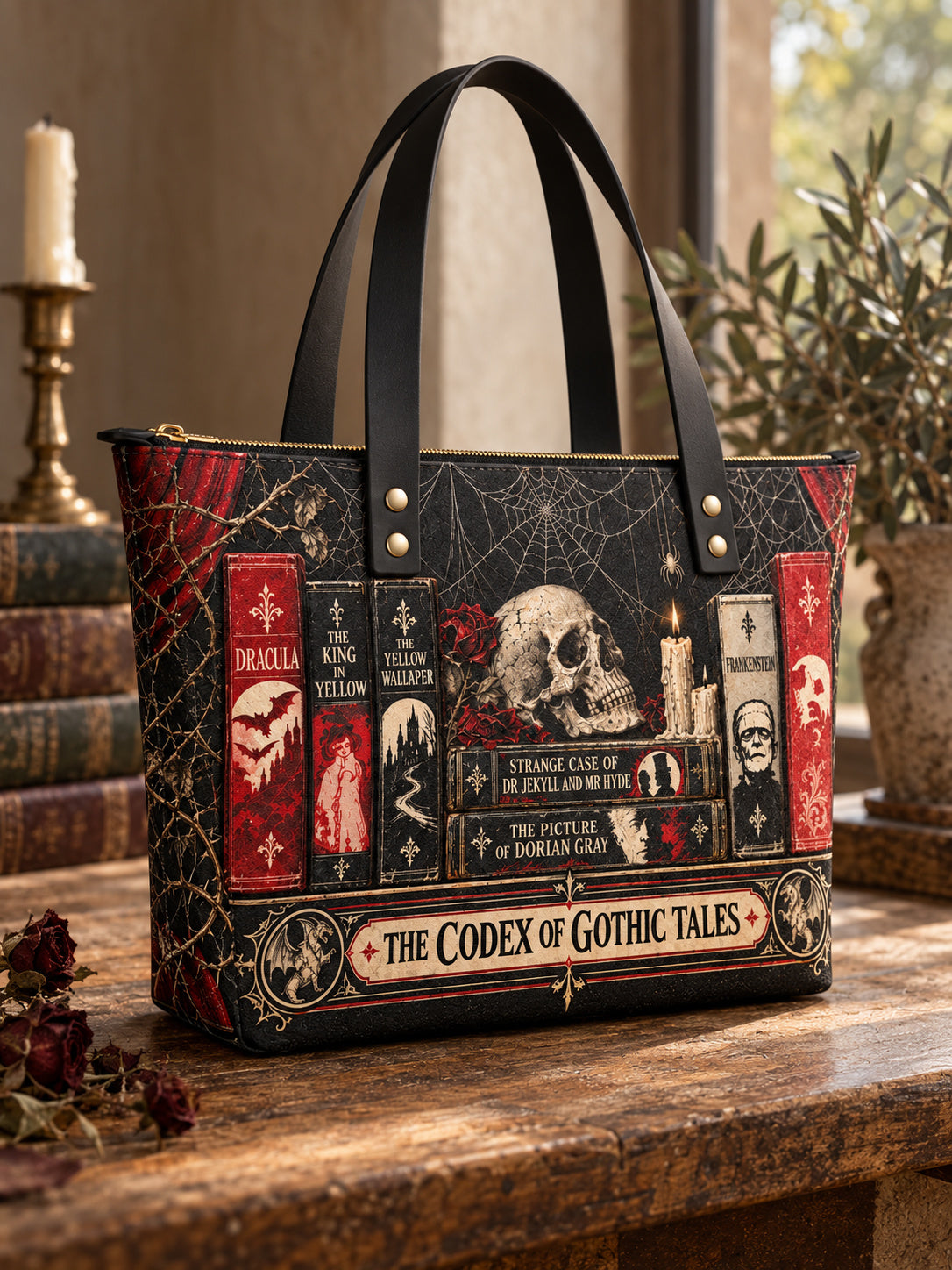 "The Codex of Gothic Tales" Black Widow’s Kiss Leather Tote Bag
