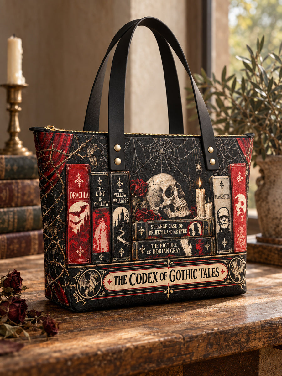 "The Codex of Gothic Tales" Black Widow’s Kiss Leather Tote Bag