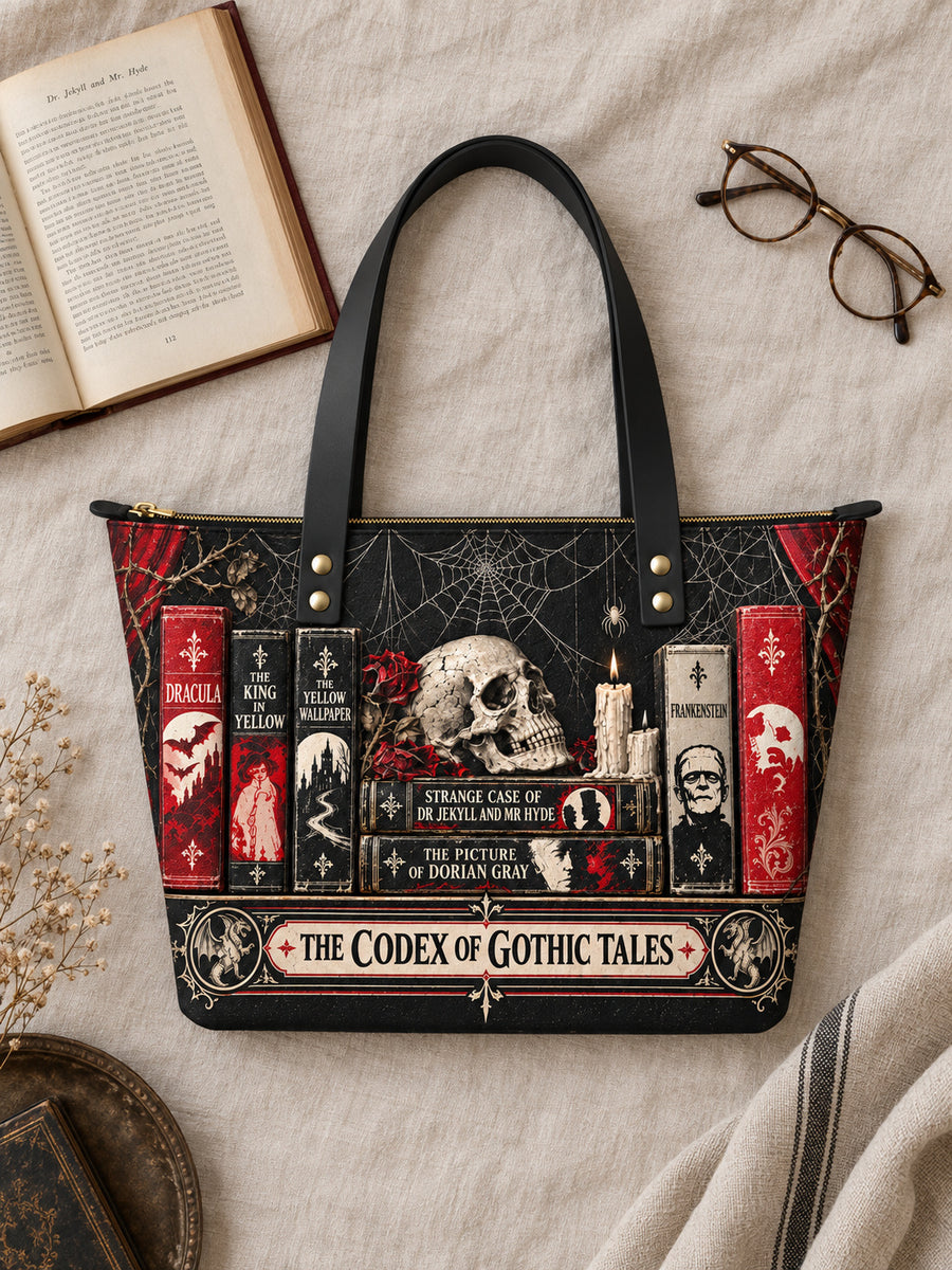 "The Codex of Gothic Tales" Black Widow’s Kiss Leather Tote Bag