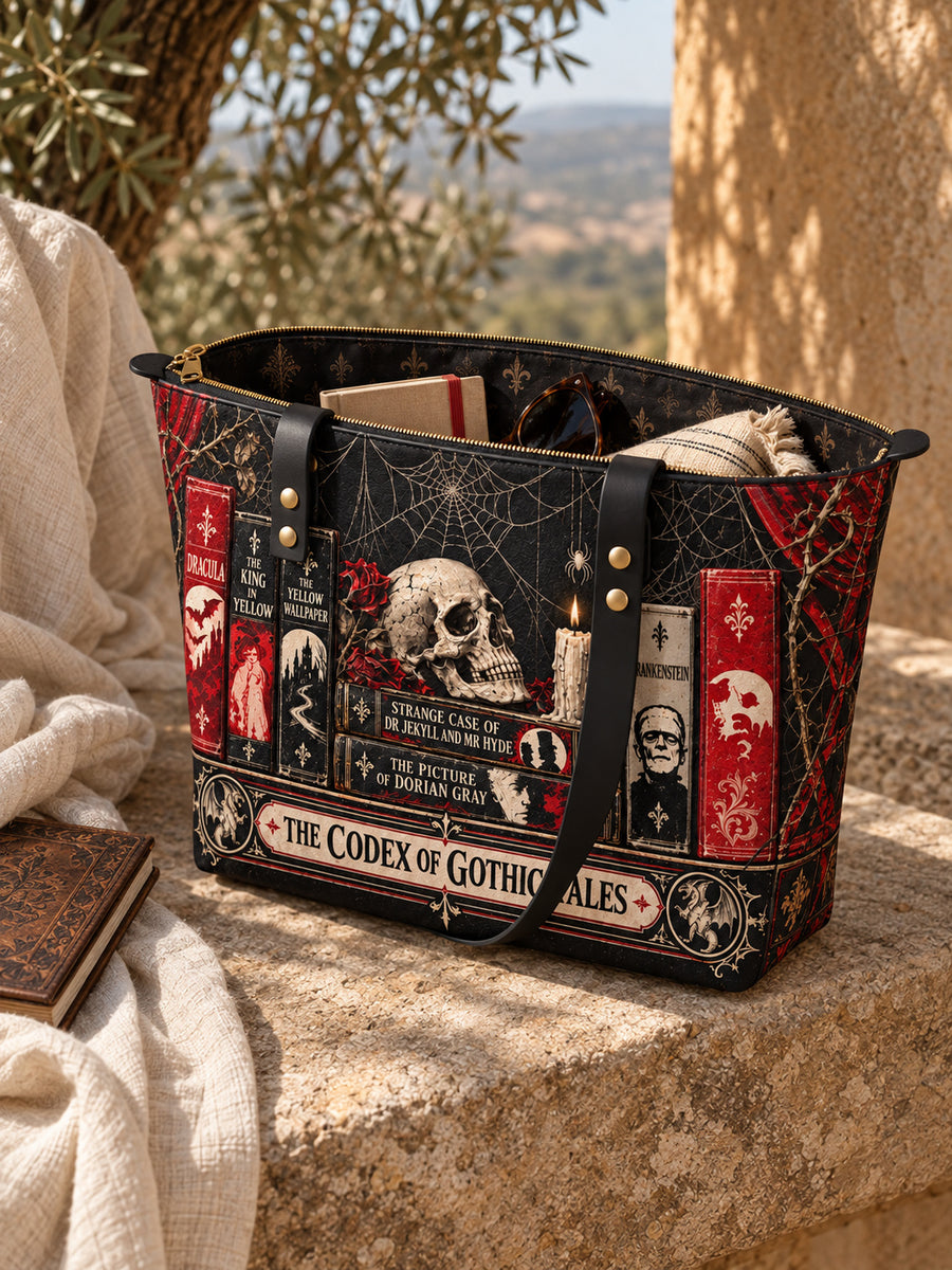 "The Codex of Gothic Tales" Black Widow’s Kiss Leather Tote Bag