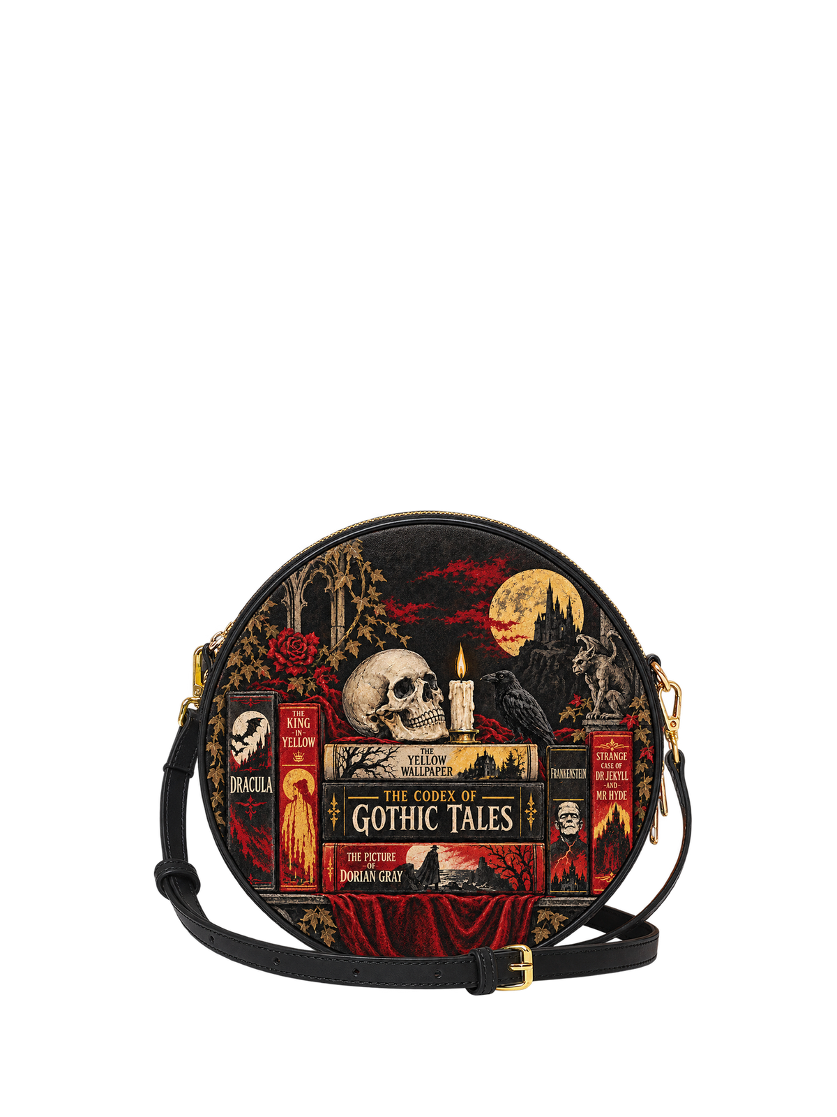 "The Codex of Gothic Tales" Deadlight Black Circle Crossbody Bag