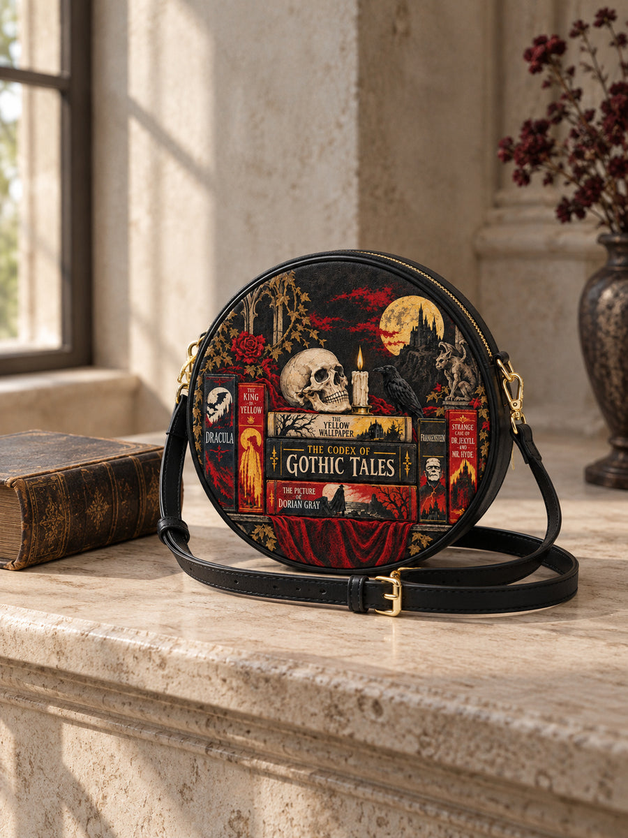"The Codex of Gothic Tales" Deadlight Black Circle Crossbody Bag
