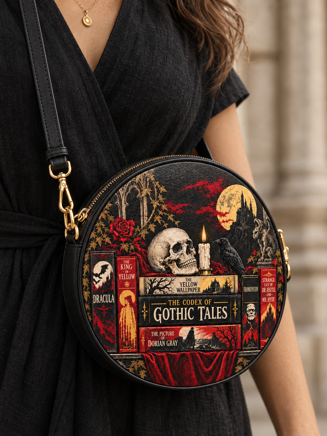 "The Codex of Gothic Tales" Deadlight Black Circle Crossbody Bag