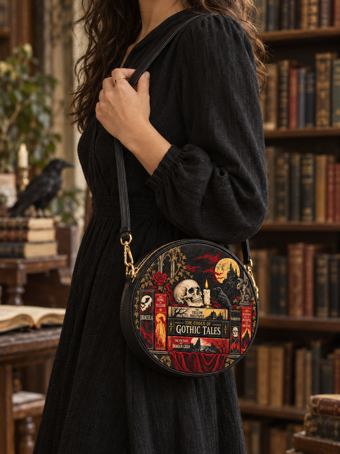 "The Codex of Gothic Tales" Deadlight Black Circle Crossbody Bag