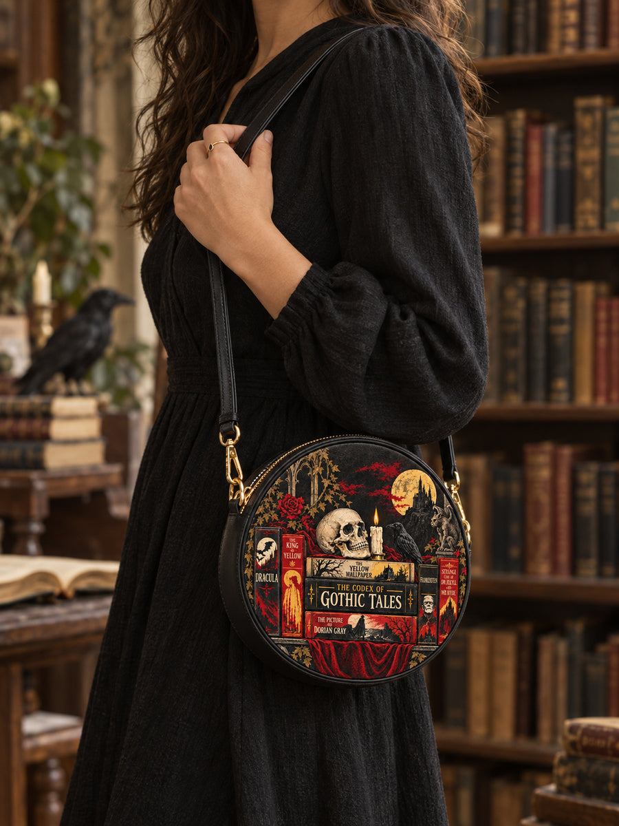 "The Codex of Gothic Tales" Deadlight Black Circle Crossbody Bag