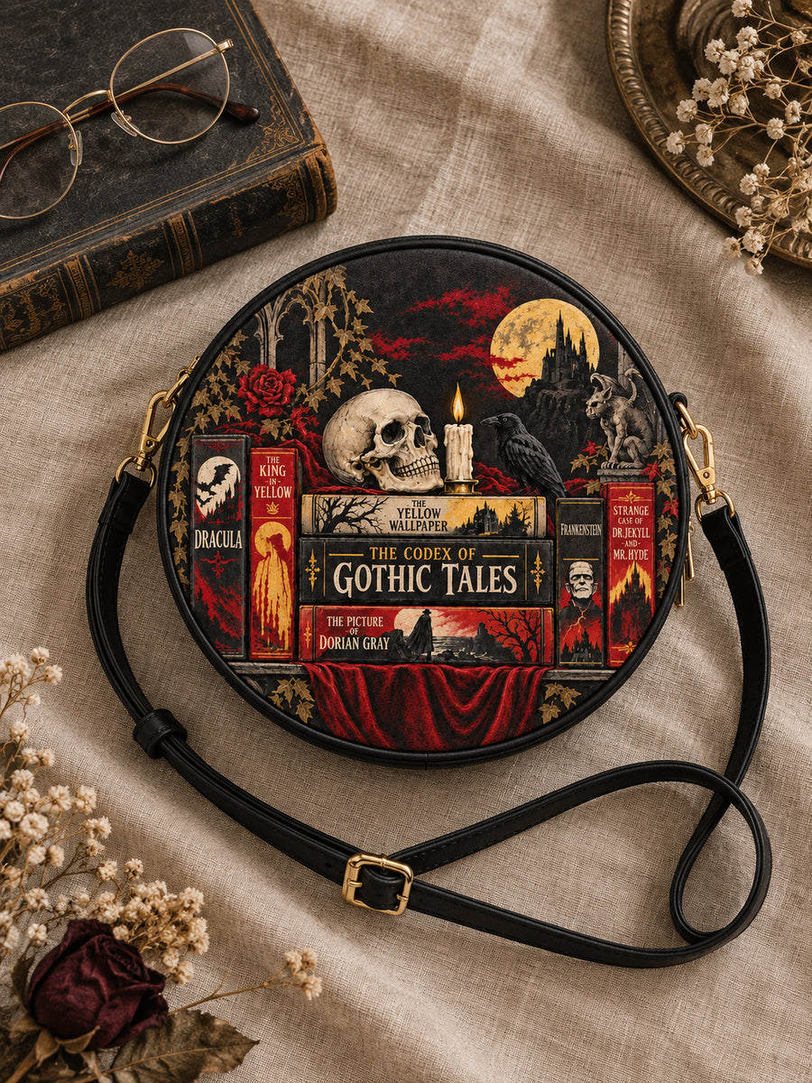 "The Codex of Gothic Tales" Deadlight Black Circle Crossbody Bag