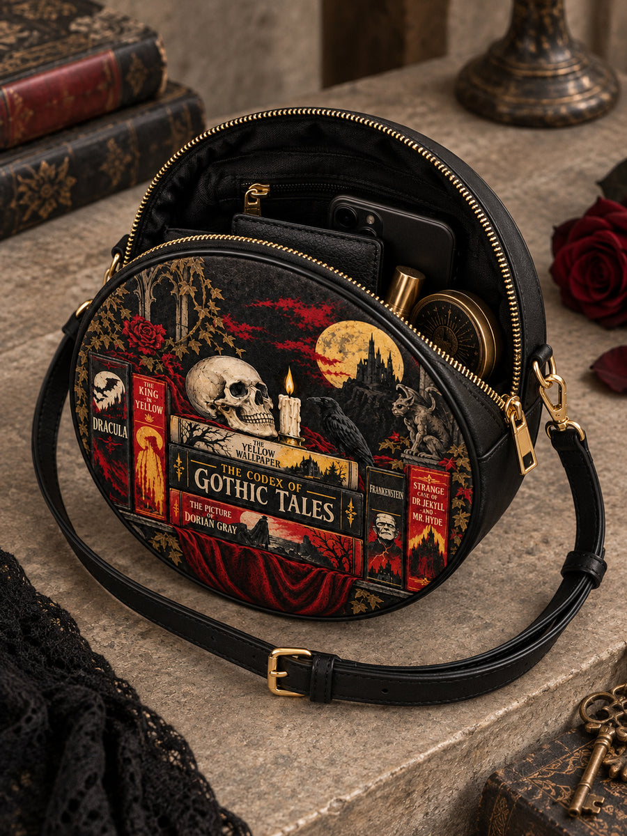 "The Codex of Gothic Tales" Deadlight Black Circle Crossbody Bag