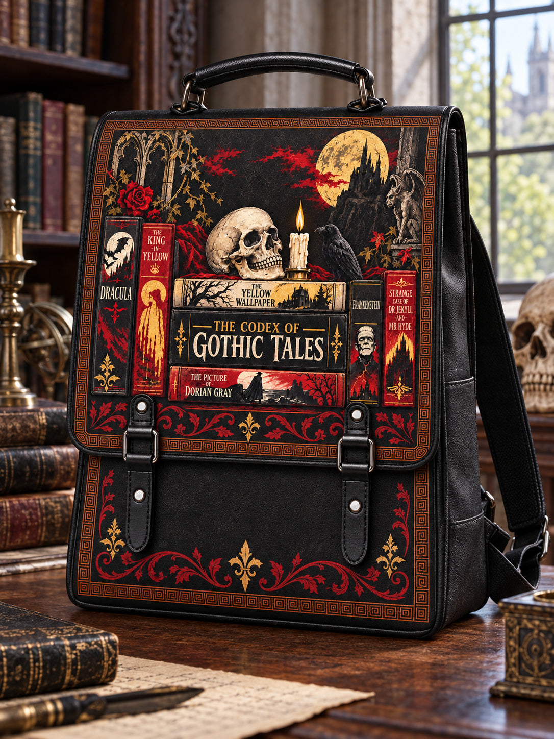 "The Codex of Gothic Tales" Deadlight Black Leather Backpack