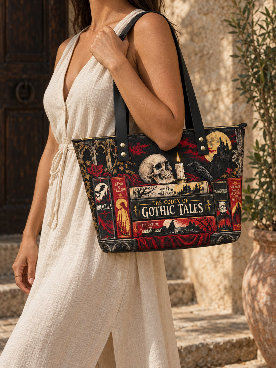 "The Codex of Gothic Tales" Deadlight Black Leather Tote Bag