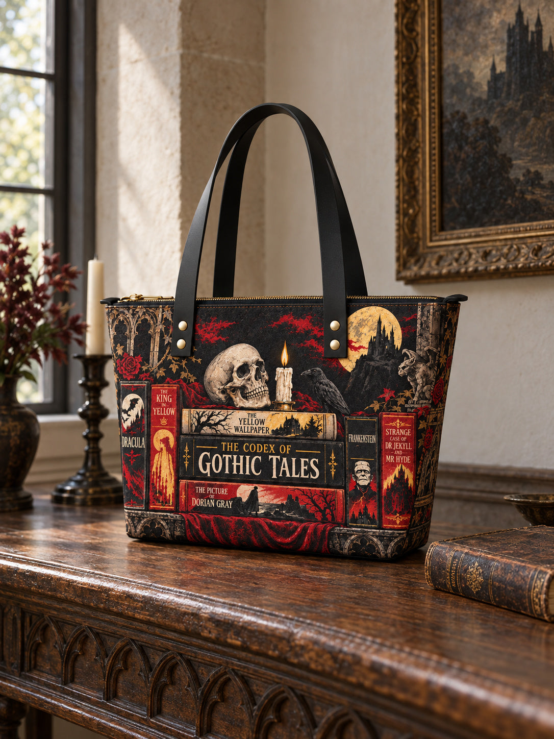 "The Codex of Gothic Tales" Deadlight Black Leather Tote Bag