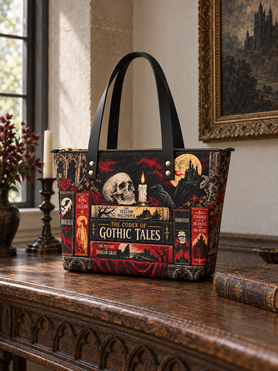 "The Codex of Gothic Tales" Deadlight Black Leather Tote Bag