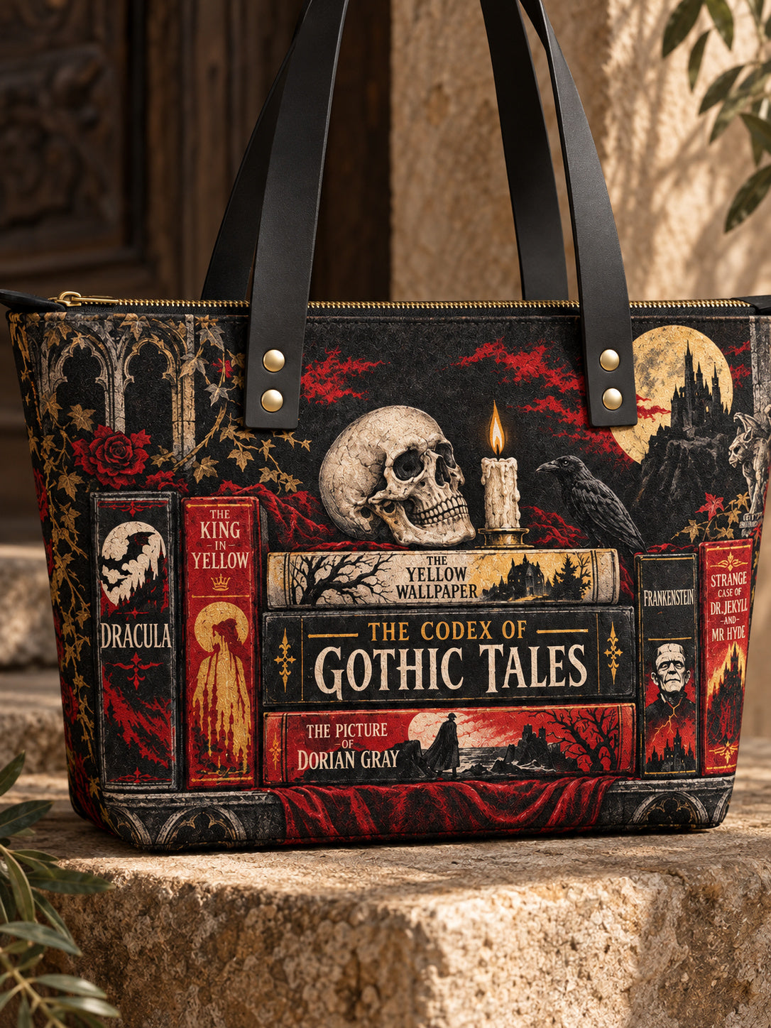 "The Codex of Gothic Tales" Deadlight Black Leather Tote Bag
