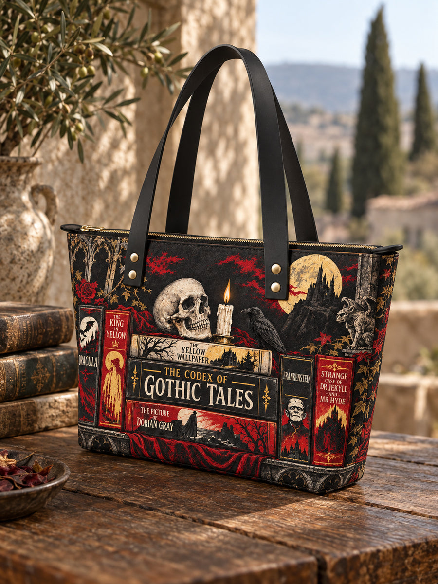 "The Codex of Gothic Tales" Deadlight Black Leather Tote Bag