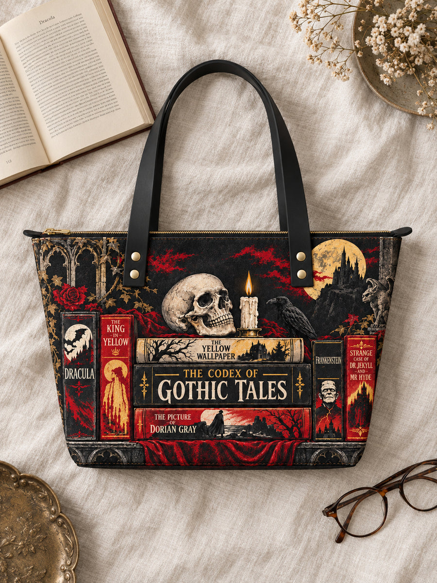 "The Codex of Gothic Tales" Deadlight Black Leather Tote Bag