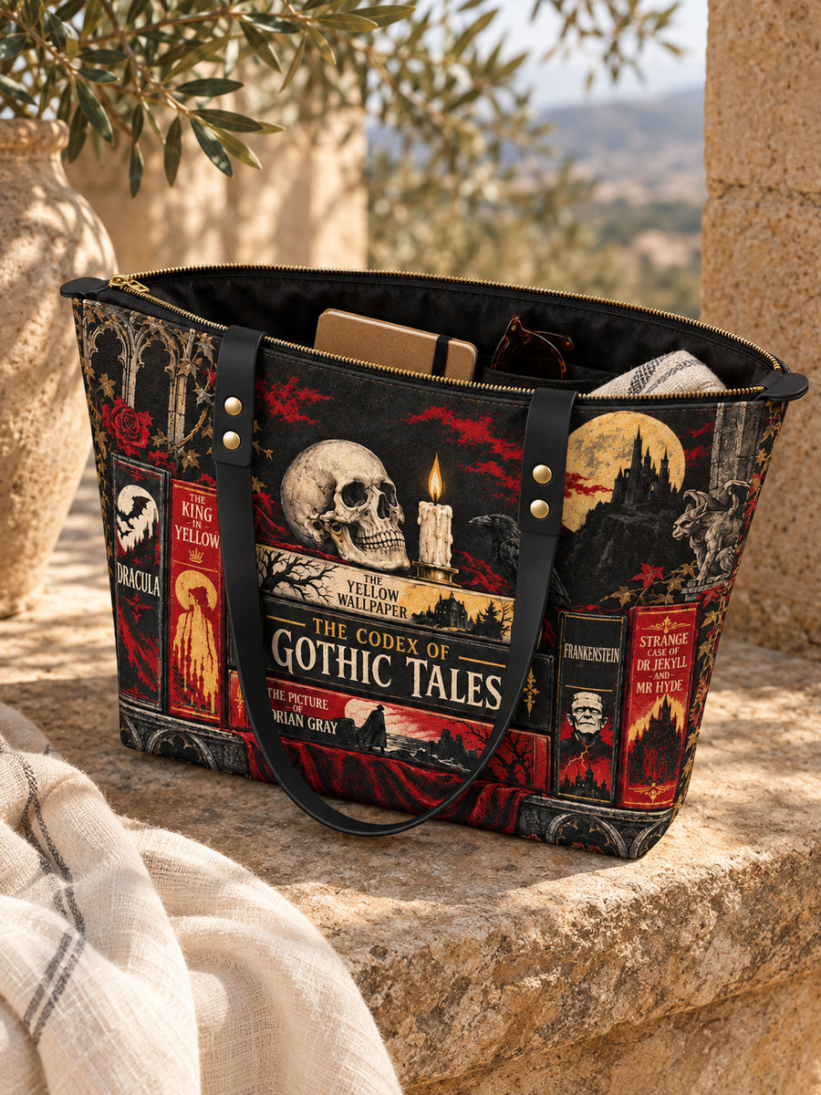 "The Codex of Gothic Tales" Deadlight Black Leather Tote Bag