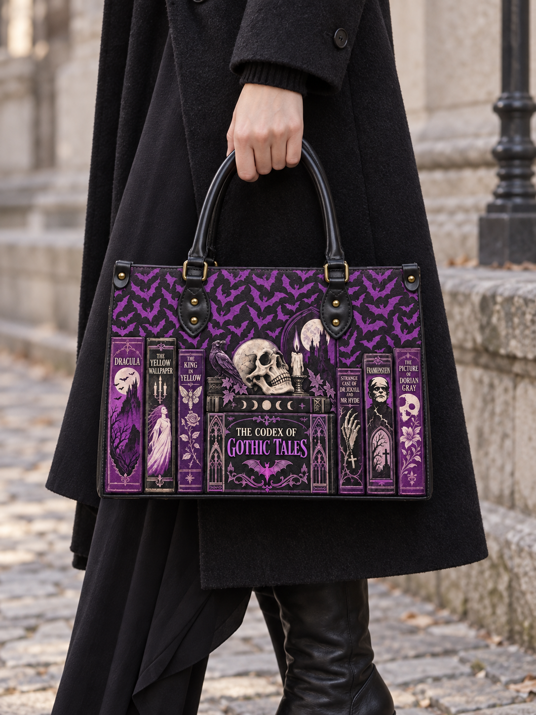 "The Codex of Gothic Tales" Violet Echo Leather Handbag
