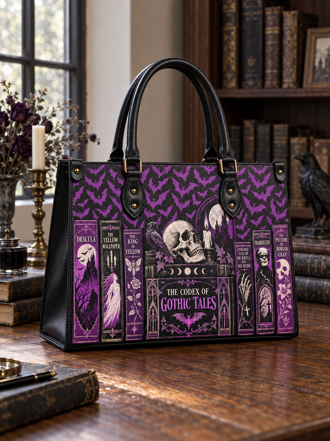 "The Codex of Gothic Tales" Violet Echo Leather Handbag