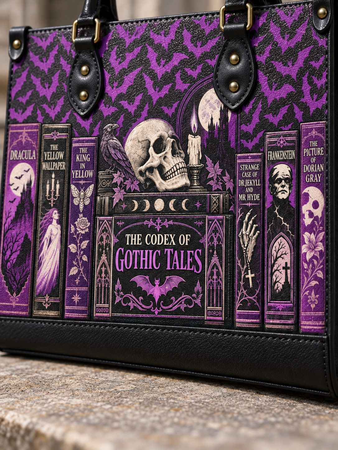 "The Codex of Gothic Tales" Violet Echo Leather Handbag