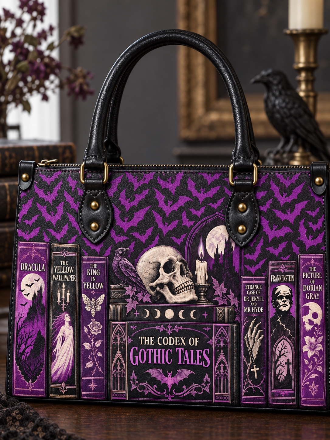 "The Codex of Gothic Tales" Violet Echo Leather Handbag