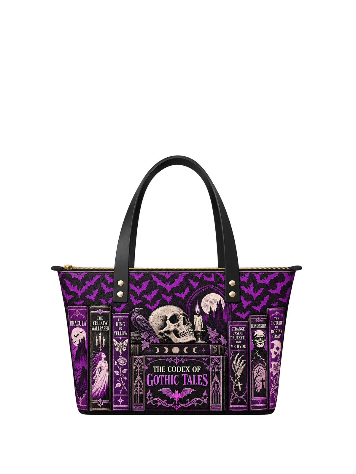 "The Codex of Gothic Tales" Violet Echo Leather Tote Bag