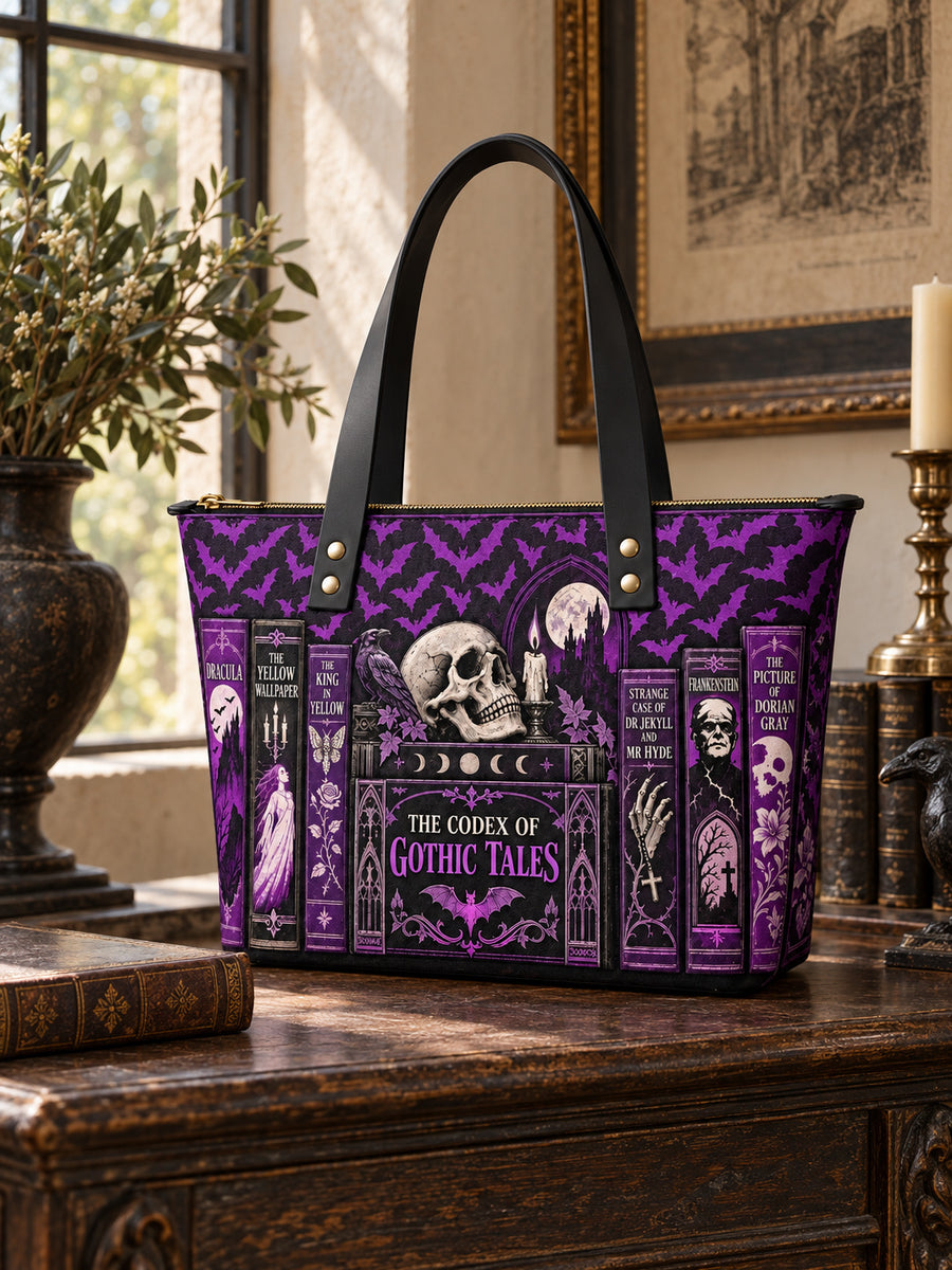 "The Codex of Gothic Tales" Violet Echo Leather Tote Bag