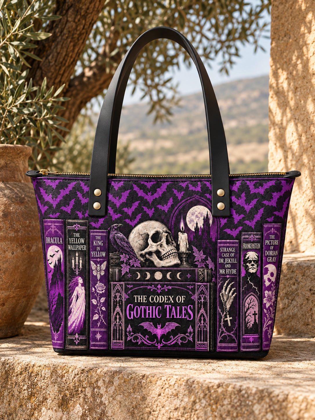 "The Codex of Gothic Tales" Violet Echo Leather Tote Bag