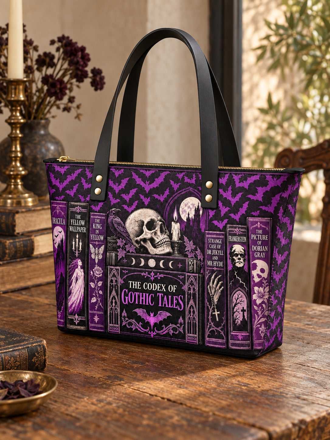 "The Codex of Gothic Tales" Violet Echo Leather Tote Bag