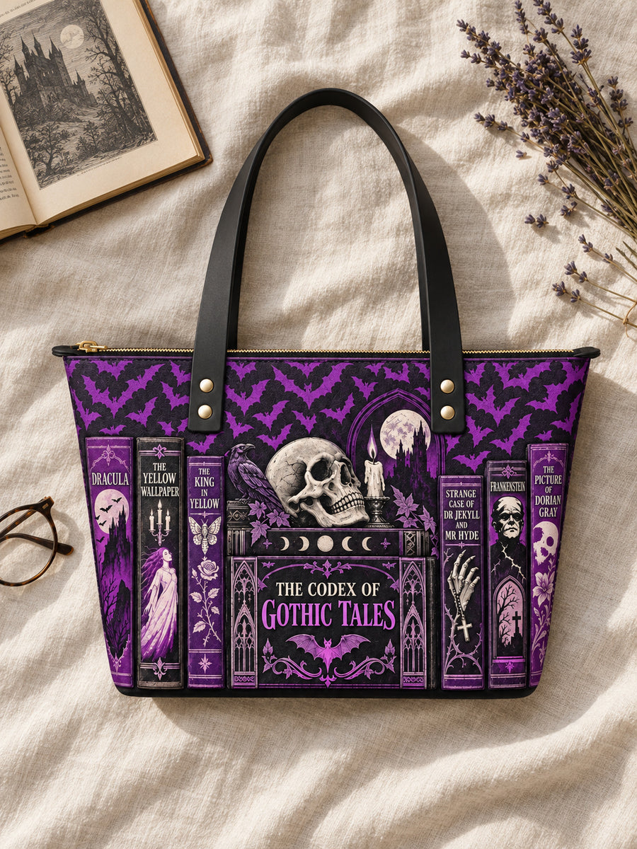 "The Codex of Gothic Tales" Violet Echo Leather Tote Bag