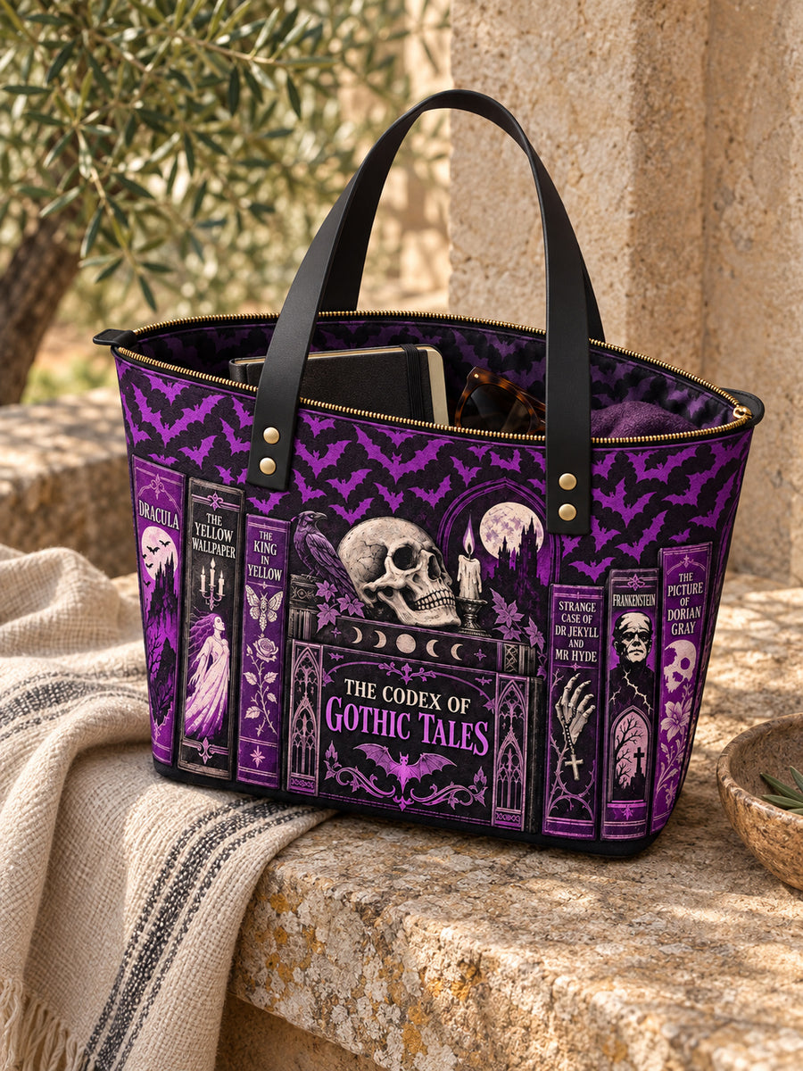 "The Codex of Gothic Tales" Violet Echo Leather Tote Bag