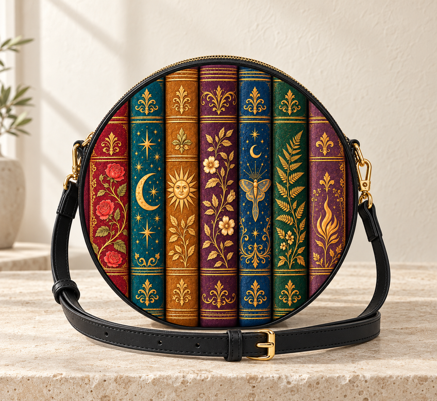 "The Gilded Shelf" Book Spines Circle Crossbody Bag