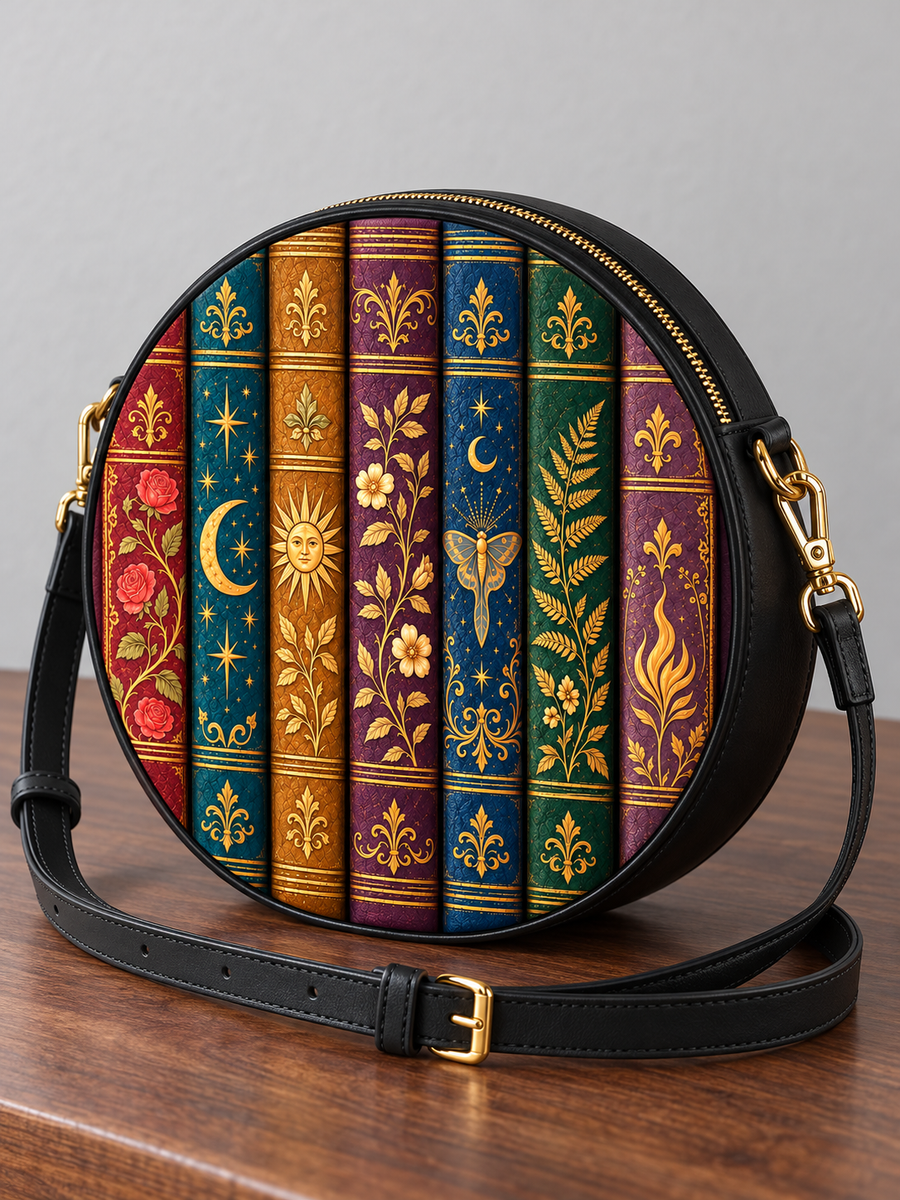"The Gilded Shelf" Book Spines Circle Crossbody Bag